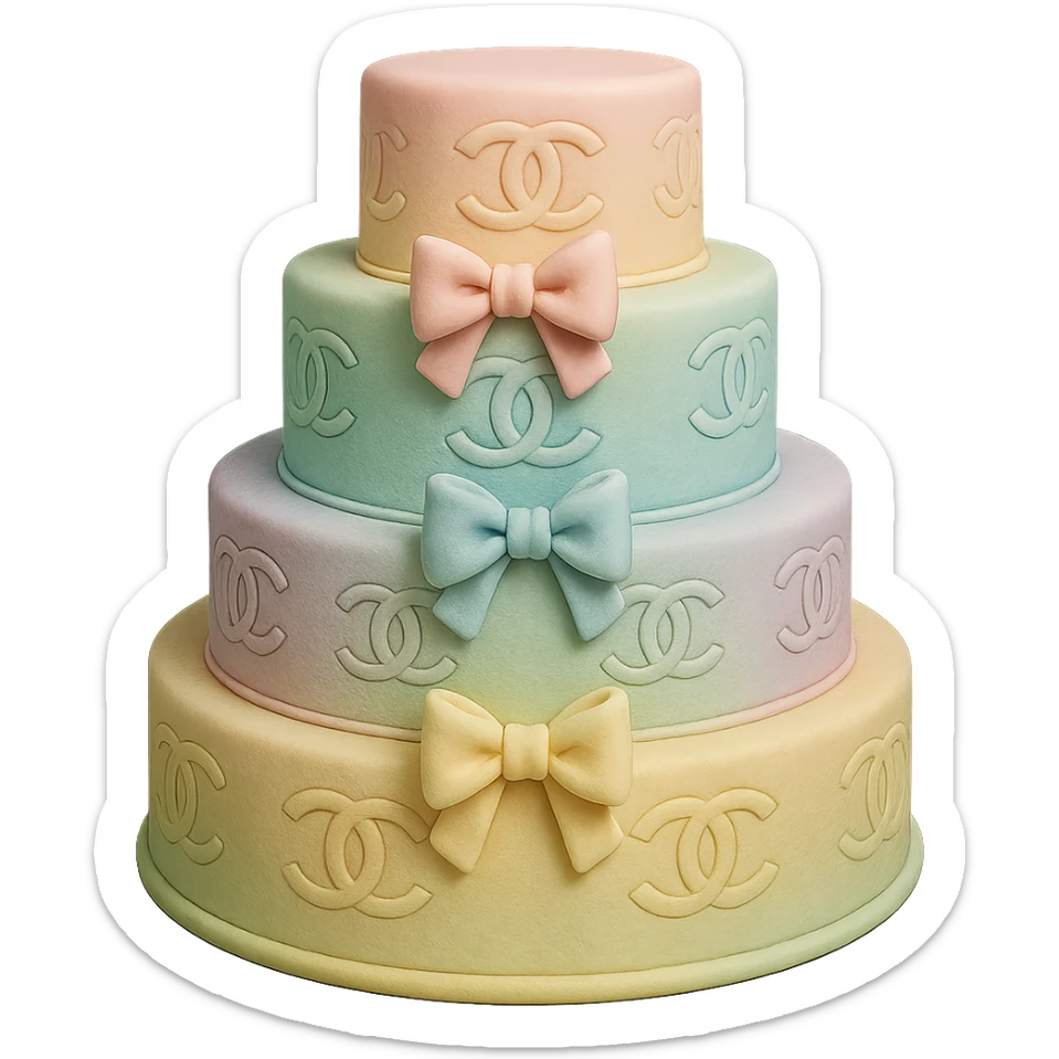 tiered Chanel cake in fondant cake art style, pastel rainbow colors with logo patterns and fondant bows sticker
