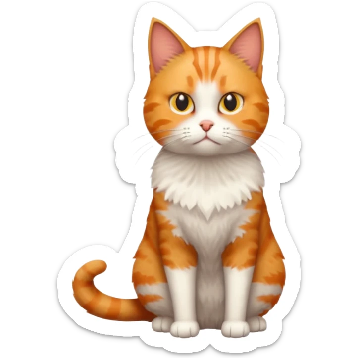 full body white, ginger and tabby cat with skinny head and fat body with an anxious face sticker