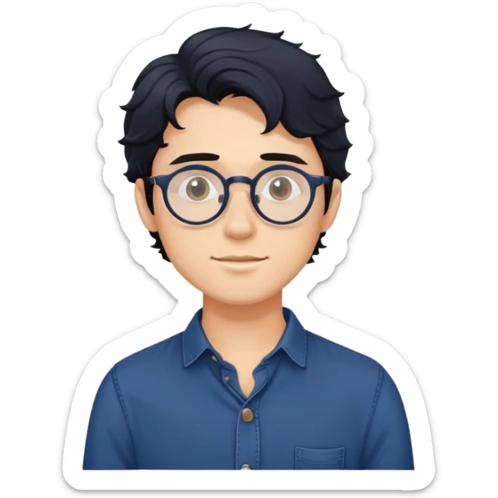 Torso view of young man with longer wavy black hair, round glasses, dark blue casual buttoned shirt sticker