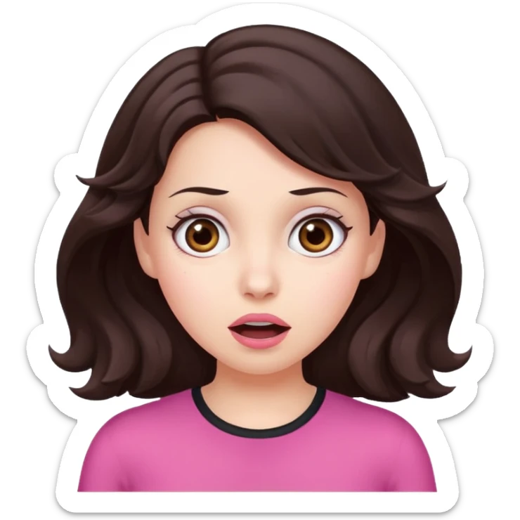 Barbie like emoji of a woman with white skin wavy dark brown hair, brown eyes wearing pink and with a surprised look sticker