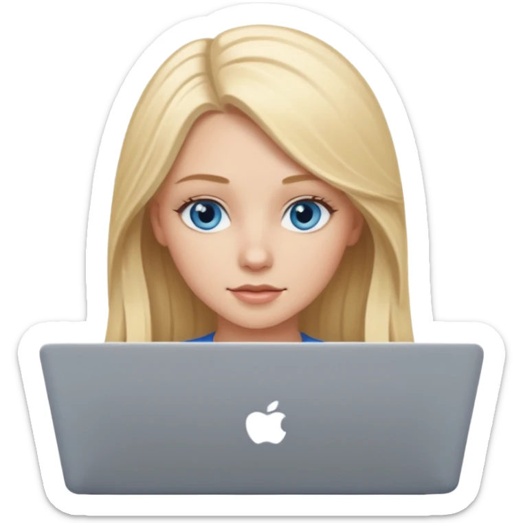 White girl with long blonde hair and blue eyes with laptop sticker