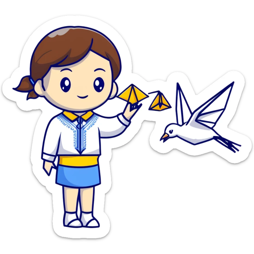Ukrainian young girl with brown hair wearing a white embroidered shirt holds an origami yellow-blue crane sticker