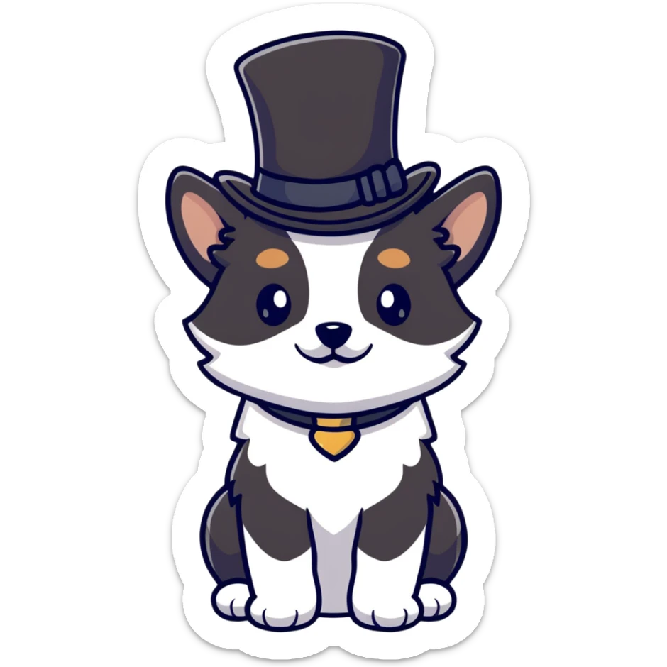 cute small tan and white dog with black nose, black round eyes, curly fluffy medium length hair, wearing a top hat sticker
