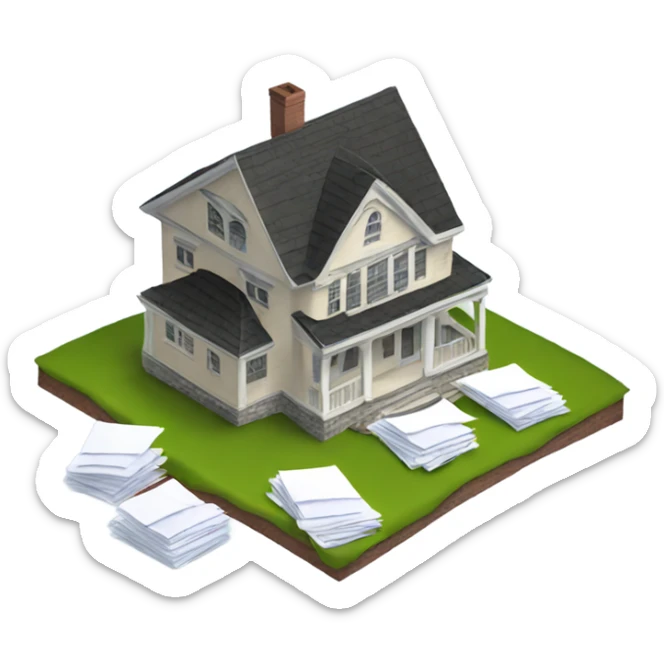 A large house with a pile of envelopes on the roof sticker