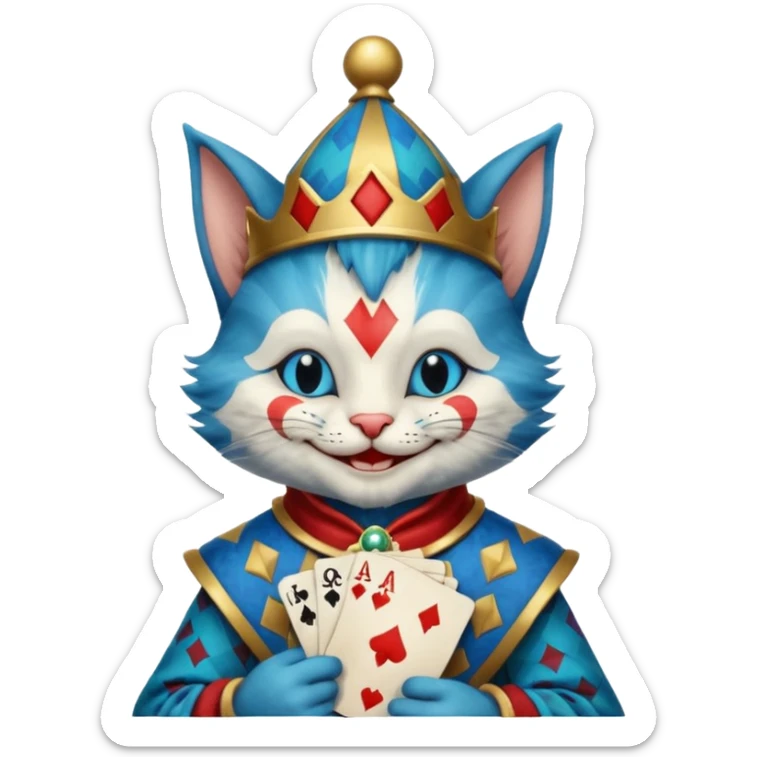 crazy colorful cute little cat jolly joker from poker, medieval, vintage, court jester, mac os icon, blue color, holds poker cards sticker