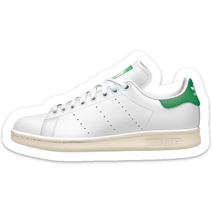 White and green Adidas Stan Smith sneakers with iconic green heel tab and perforated three stripes on the sides sticker