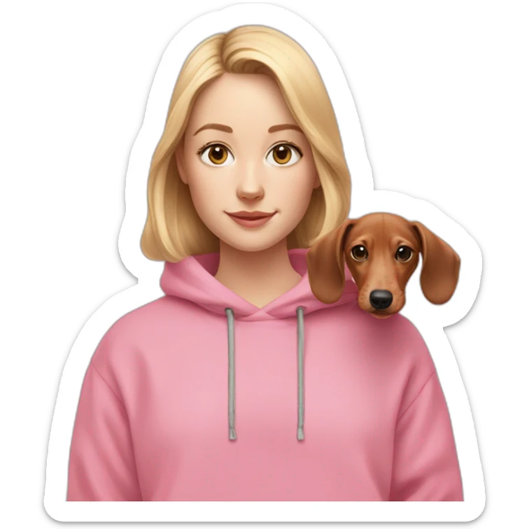 white girl with light eyes and dachshund puppy with pink oversized sweatshirt sticker