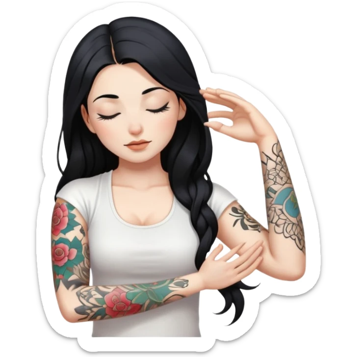 Yoga girl on a mat with white skin, long black hair and eyes closed, with just left arm tattooed and right arm NOT ttatooed, wearing white clothes sticker