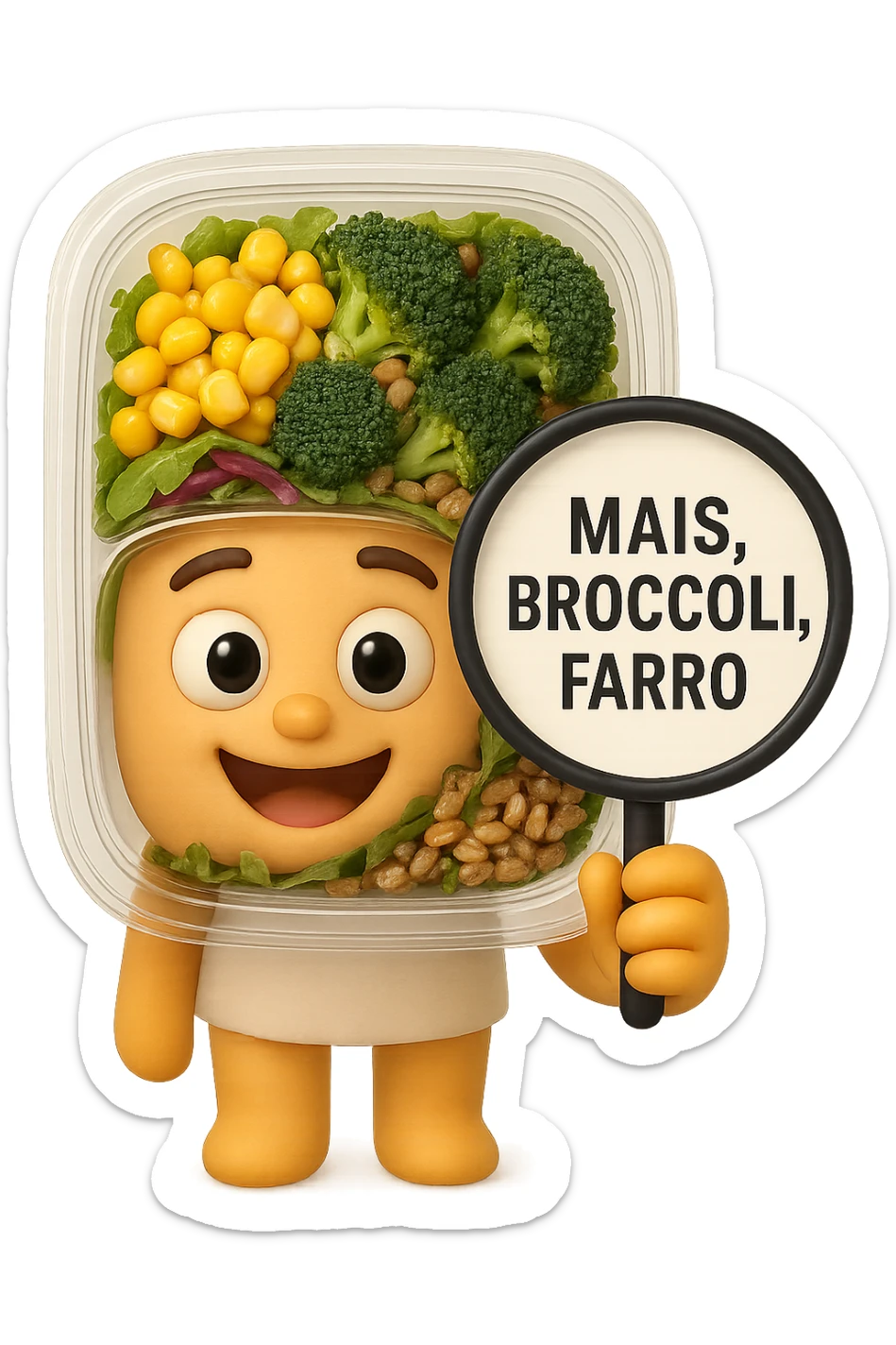 SU QUESTO STILE FAI UN EMOJI STILE IPHONE 3D DI UN INSALATA PRECONFEZIONATA DA SUPERMERCATO CON FOCUS SU ETICHETTA NUTRIZIONALE CON GLI INGREDIENTI IN ITALIANO TIPO: MAIS, BROCCOLI, FARRO, ACCANTO ALL'INSALATA CHE HA IN MANO C'è UN FOCUS SULL'ETICHETTA CON GLI INGREDIENTI SCRITTI, FALLO MOLTO REALISTICO IN 3D sticker