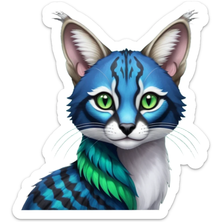 Colorful dark tropical cobalt-blue, black, white fur, with green eyes, iridescent glorious divine exotic cute cool beautiful shiny beautiful fantasy-caracal-civet-genet-sergal-vernid-Cacomistle-Furret-civet-oncilla-animal-Fakémon-hybrid-fursona with pattern markings (full body) sticker