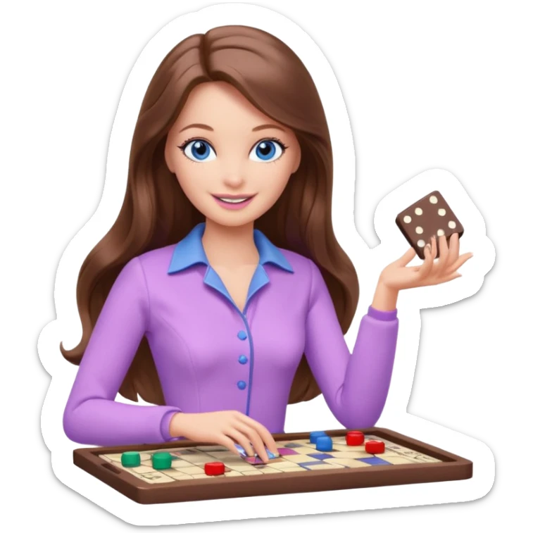 beautiful barbie girl with long brown hair, blue eyes and wearing light purple clothes playing board games sticker