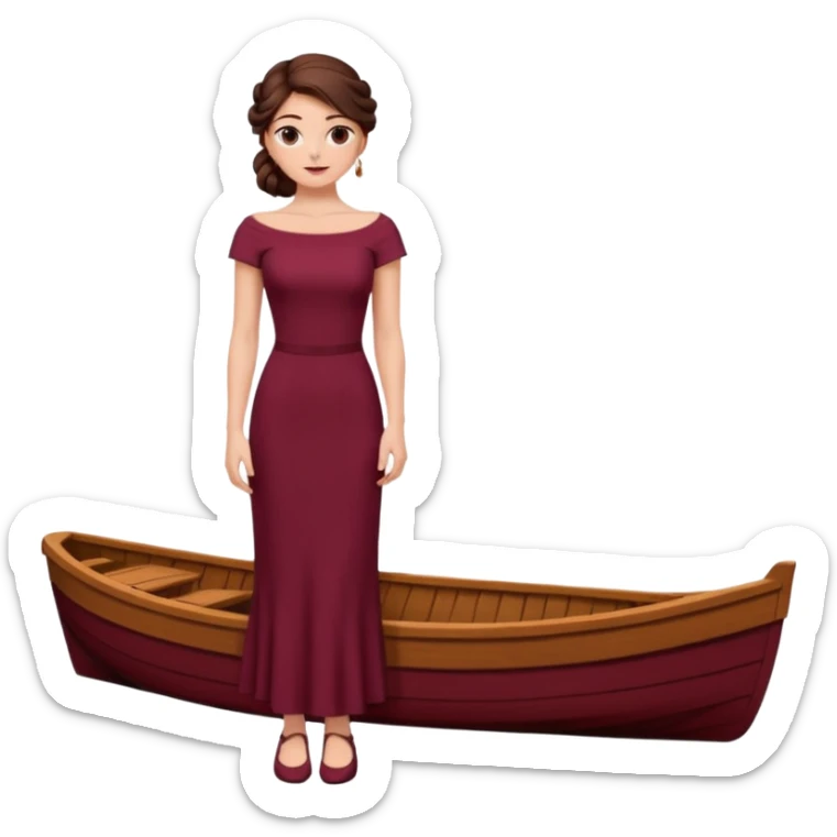 Chica blanca ,ojos marrones, vestido granate ajustado largo, escote barco cuerpo entero ,pelo muy largo y recogido zapatos abiertos sticker