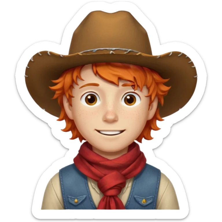 a wavy orange hair boy wearing a cowboy hat with a mischievous grin and freckles with western red scarf on his neck sticker