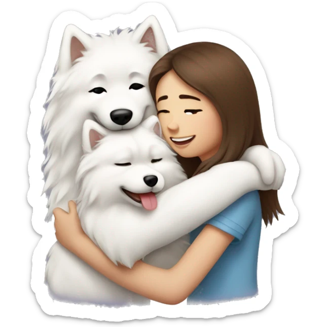 Girl with brown long hair hugging a boy samoyed and girl samoyed sticker