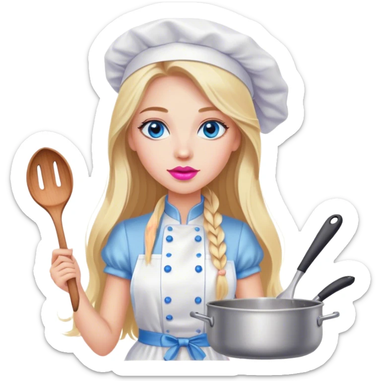 Cinematic realistic beautiful blonde with long hair, blue eyes and pink lips in a white dress cooks sticker