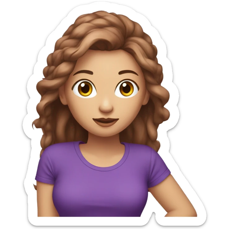 Femme aux cheveux longs châtains avec les yeux verts et marrons avec un t-shirt violet sticker