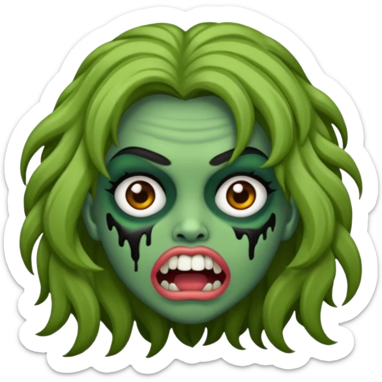 Faça um emoji de zumbi que se pareça comigo. Categorias: cabelo ondulados pretos, pele verde, usa aparelho! Personagem: feminina. sticker