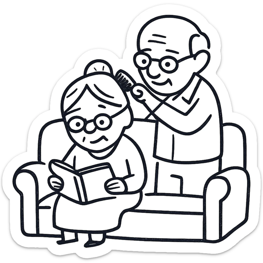 An elderly man combing the hair of an elderly woman sitting on a sofa reading a book sticker