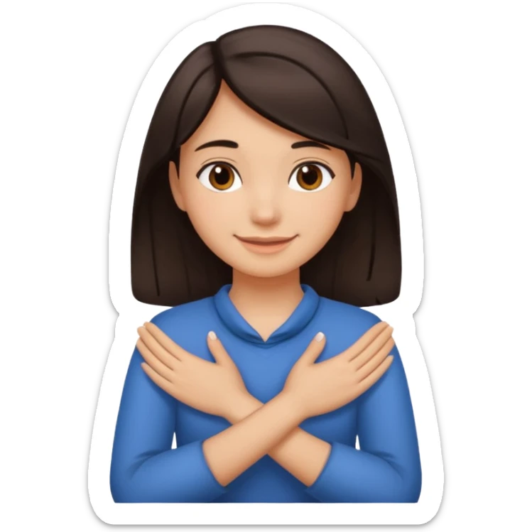 make an emoji of a girl with medium skin and very dark brown hair. her hands are crossed and holding the front of her neck. her face is smiling sticker