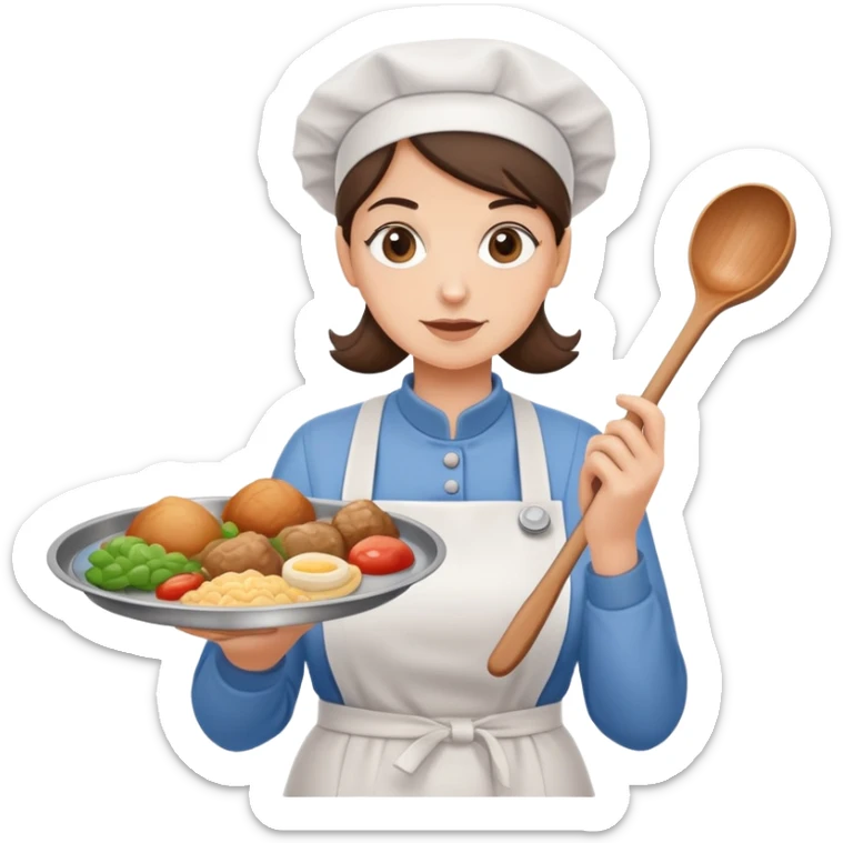 lunch lady holding a ladle and a tray with gross food, cartoonish sticker