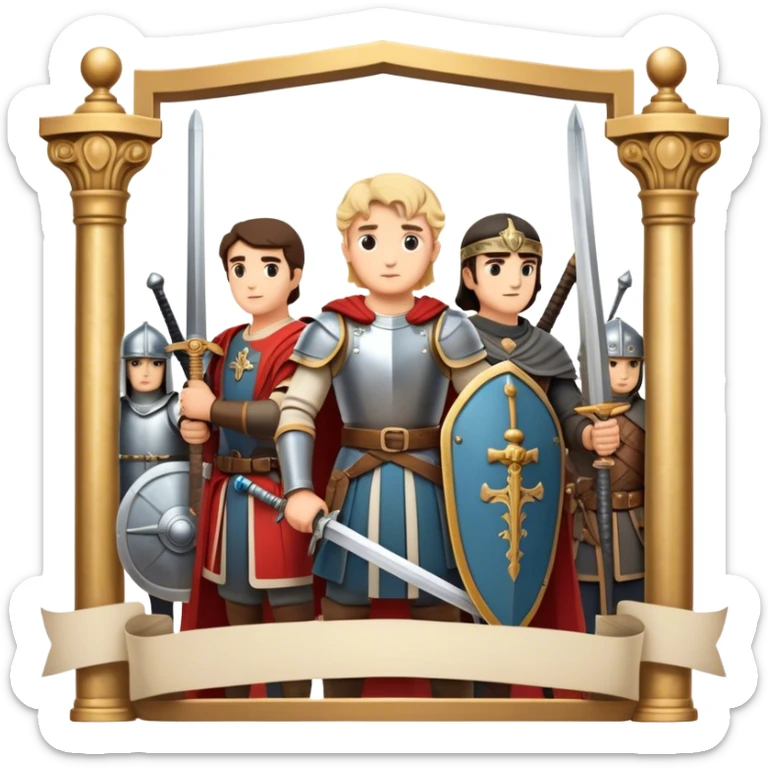 Icon for Historical Movies: A vintage movie poster-style design with elements of ancient architecture, historical figures in period costumes, and a backdrop of a historical event or battle. Include scrolls, swords, and shields. Retro cinematic feel. Transparent background. sticker