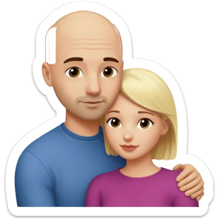 On romantycznie przytula ją i okazuje rodzące się uczucie mimo wczesnej znajomości. On - łysy z ciemnym, kilkudniowym zarostem. Ona - niższa od niego o głowę blondynka. sticker