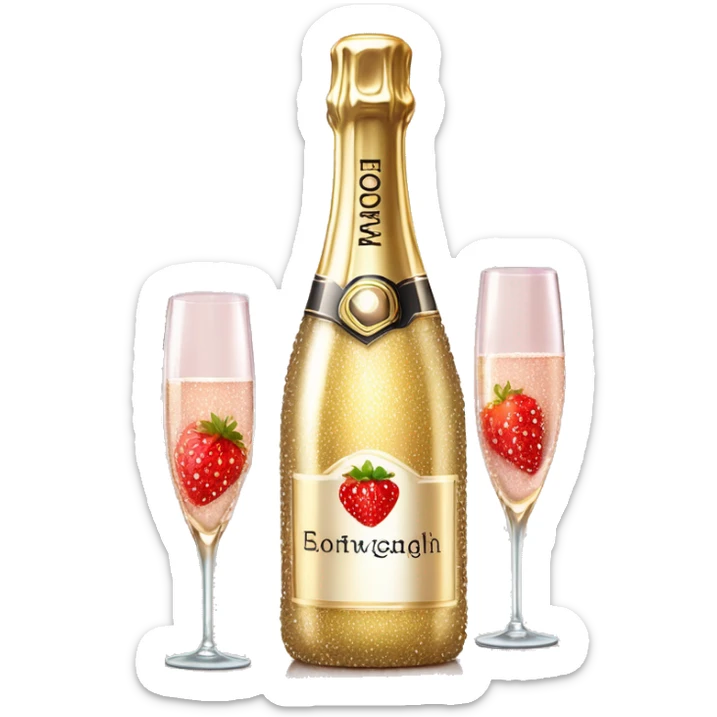 Realistic sparkling diamond glam bottle of champagne with matching skinny glass filled with the champagne with strawberry in the bottle of glass. sticker