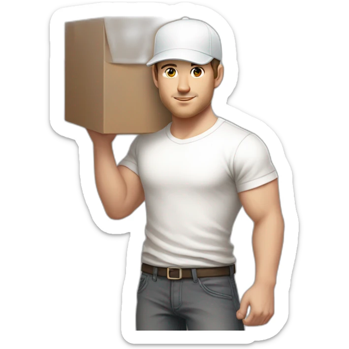 Pale skinned fit Man with dark brown hair in a light gray cap, dark brown jeans, brown polo and white T-shirt keeping a pasted with tape white box into his hands sticker