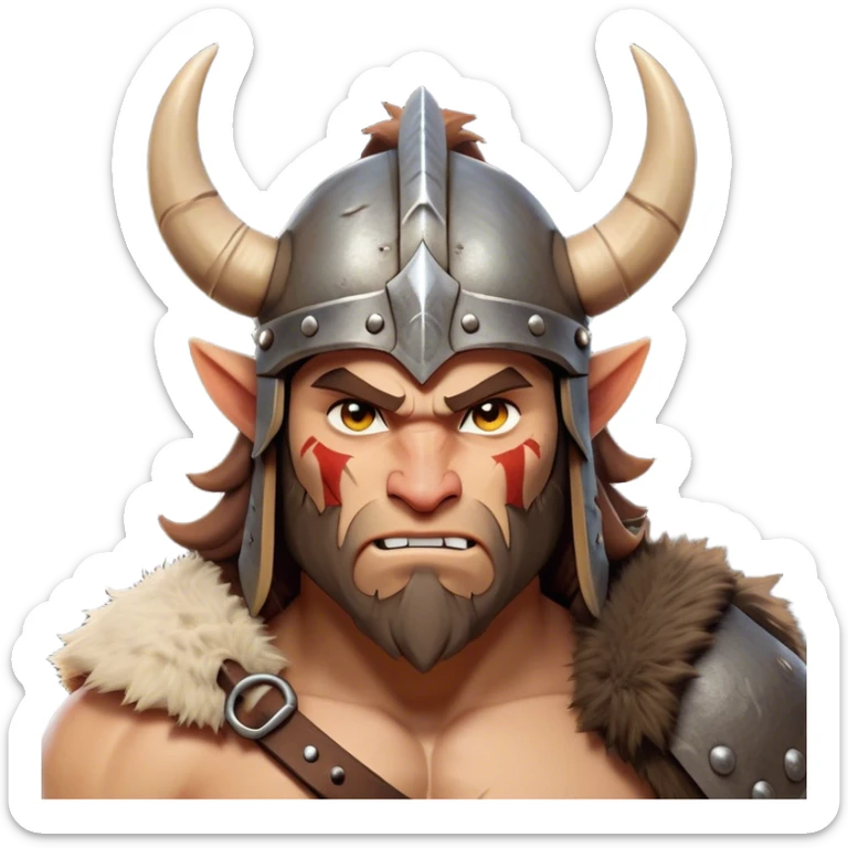 Clash of Clans aesthetic: Cinematic Fierce Barbarian Portrait Emoji, Poised and bold with a rugged yet cartoonish build in tattered furs and a horned helmet, his face rendered in a natural skin tone (not yellow), expressive bright eyes and a confident smirk, Simplified yet dynamic features, highly detailed, glowing with a vivid, adventurous aura, high shine, heroic and spirited, stylized with an air of medieval warrior charm, focused and energetic, soft glowing outline, capturing the essence of a fearless barbarian adventurer ready to lead his clan with spirited valor! sticker