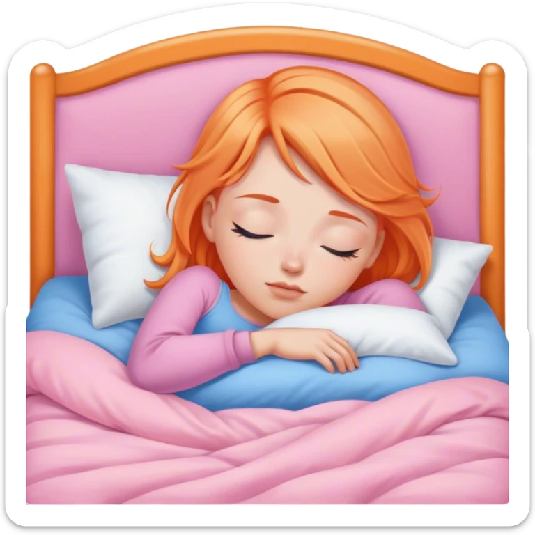 girl with light orange hair and blue eyes asleep in pink bed sticker