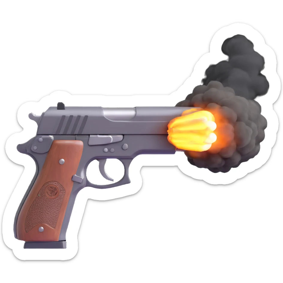 A realistic handgun firing a bullet, with muzzle flash and smoke coming out of the barrel sticker