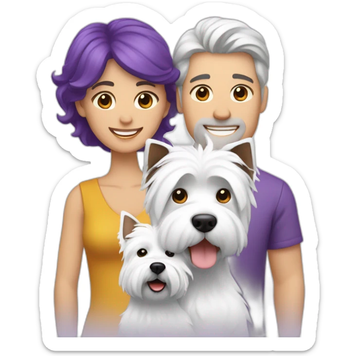 a family consisting of 1 white man with dark brown hair, 1 white woman with purple hair and 1 happy west highland white terrier sticker