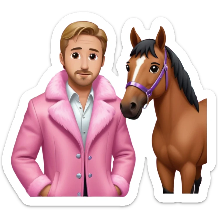 Ken playing by Ryan Gosling in a pink mojo jojo casa house wearing a white fur coat standing next to a horse a horse sticker