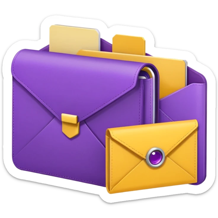 simple, minimalistic yellow (hex#FFD008) and purple (hex#8C52FF) icons of a pin, a working case, a folder, a magnifier, an email, an envelope sticker