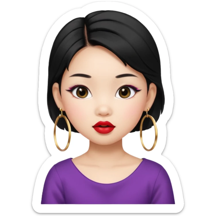 ABG (Asian Baby Girl) with trendy makeup, long lashes, bold lipstick, hoop earrings, stylish hair sticker