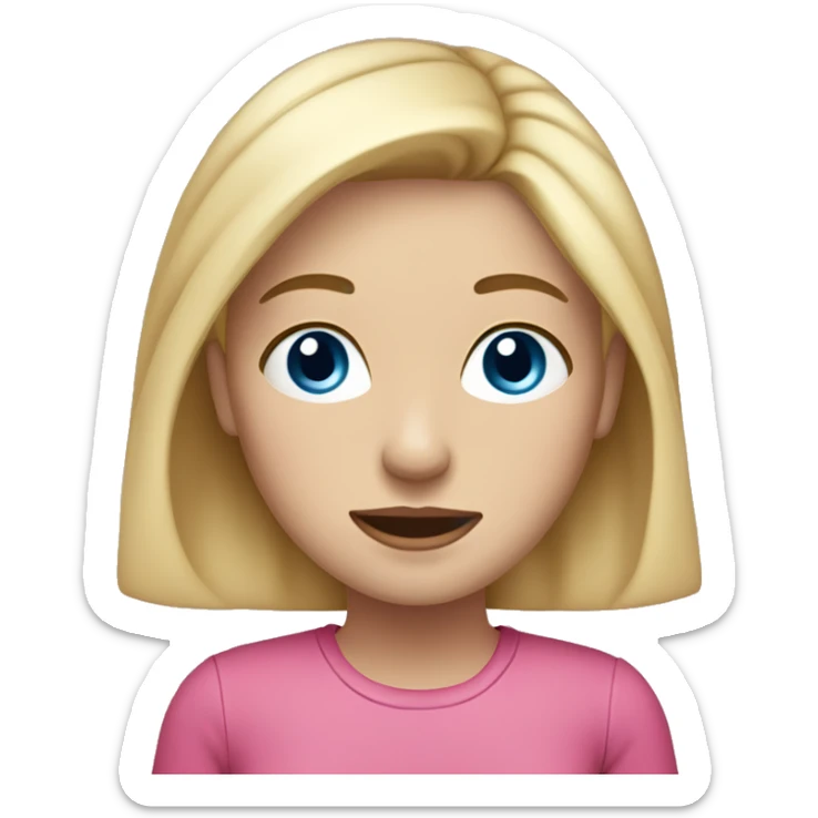 a girl with freckles and blue eyes, blonde hair and dark roots. pink clothes sticker
