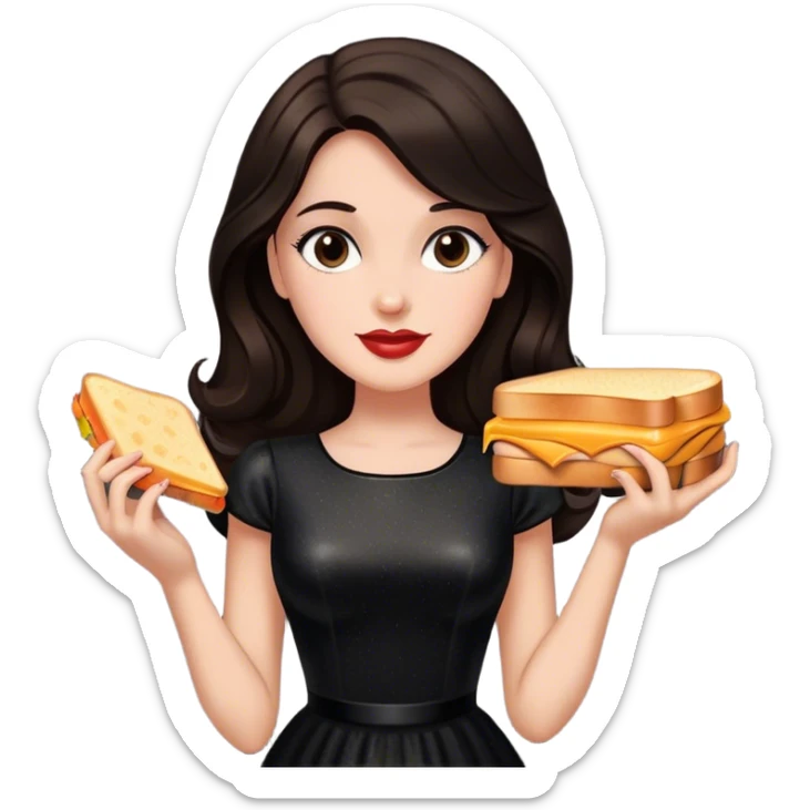 Beautiful woman in 1950’s woman fashion look, black shimmery dress, long dark brown hair, grilled cheese sandwiche sticker