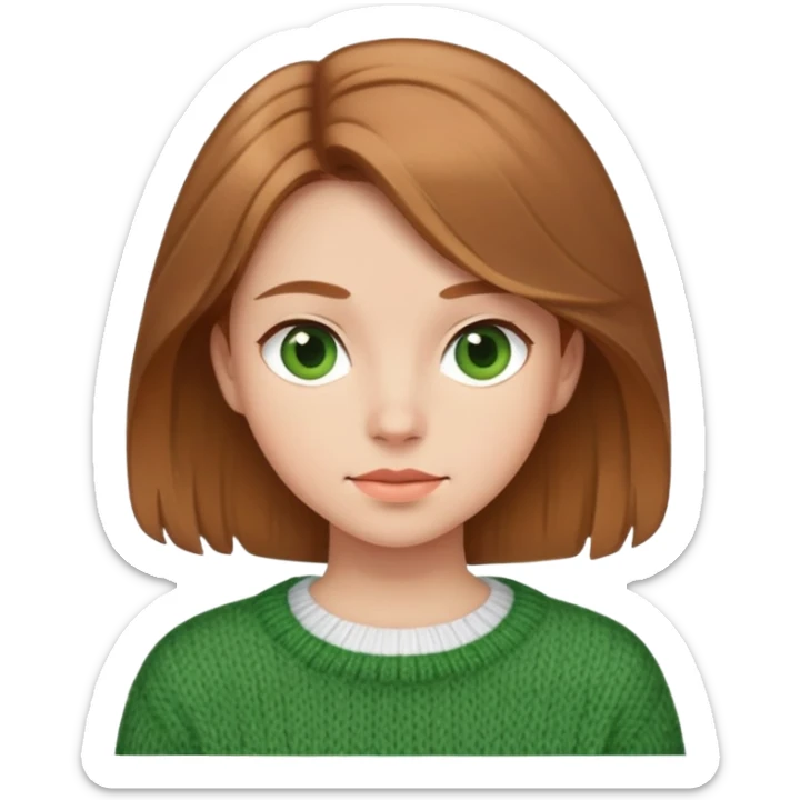 girl with light brown hair in a white top under a green wool sweater sticker