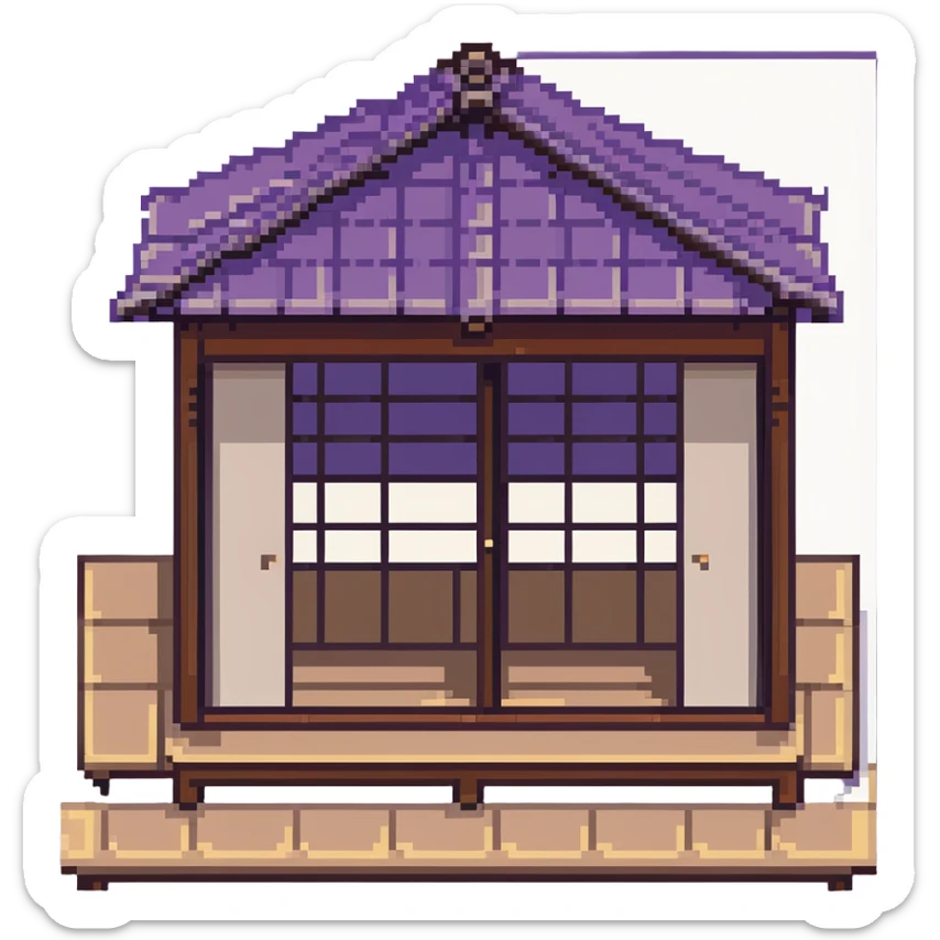 traditional Japanese house with wooden structure, sliding shoji doors, and tatami mat flooring sticker