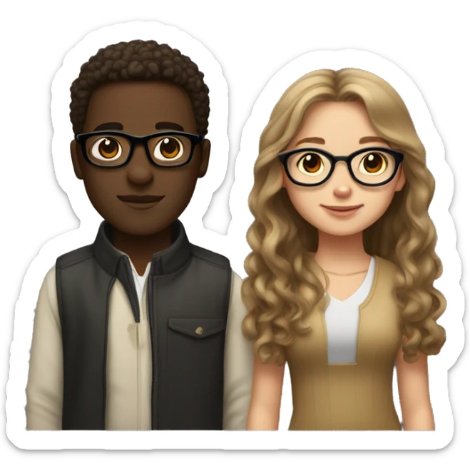 A girl with light skin, long and straight hair which is light brown and black glasses next to a boy who is dark skinned, only he has curly hair and he doesn't have glasses sticker