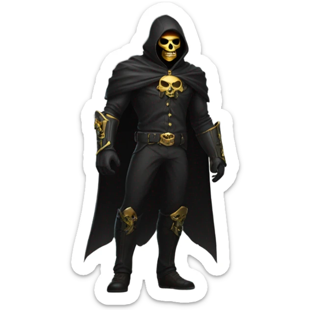 Bounty Hunter Boss with black cape and a gold skull mask from death Stranding, full body view sticker