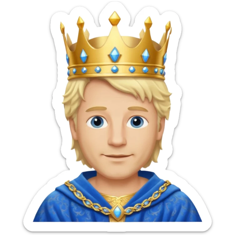 
1 Middle-aged white king, 40 years old, blond hair, blue eyes, kind and benevolent vibe, gentle smile, wearing a crown and blue robe emoji sticker