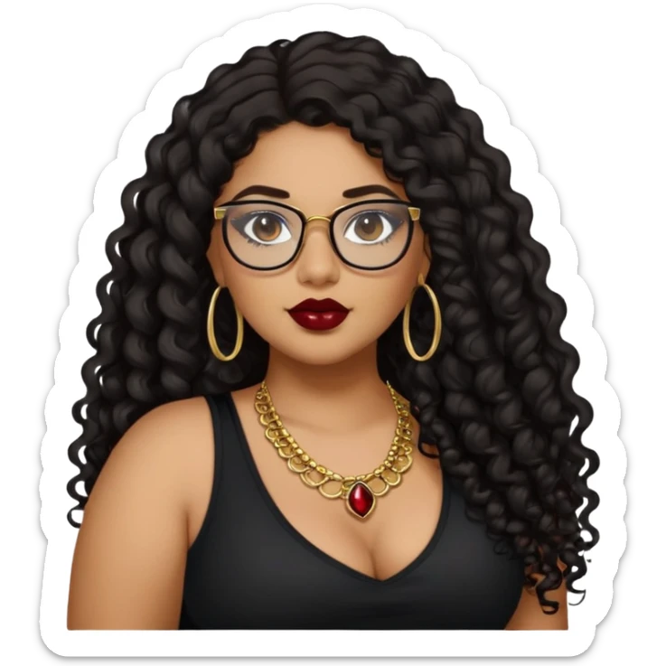 teen big plus size, latina, darker tan skin, gold jewelry, long black curly hair, baddie,pretty, makeup, dark red lipgloss, black eyeliner, long hair, black top, black glasses sticker