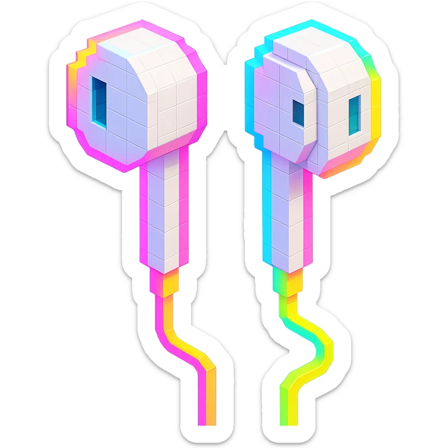 white EarPods headphones with a playful twist, glowing with neon colors sticker