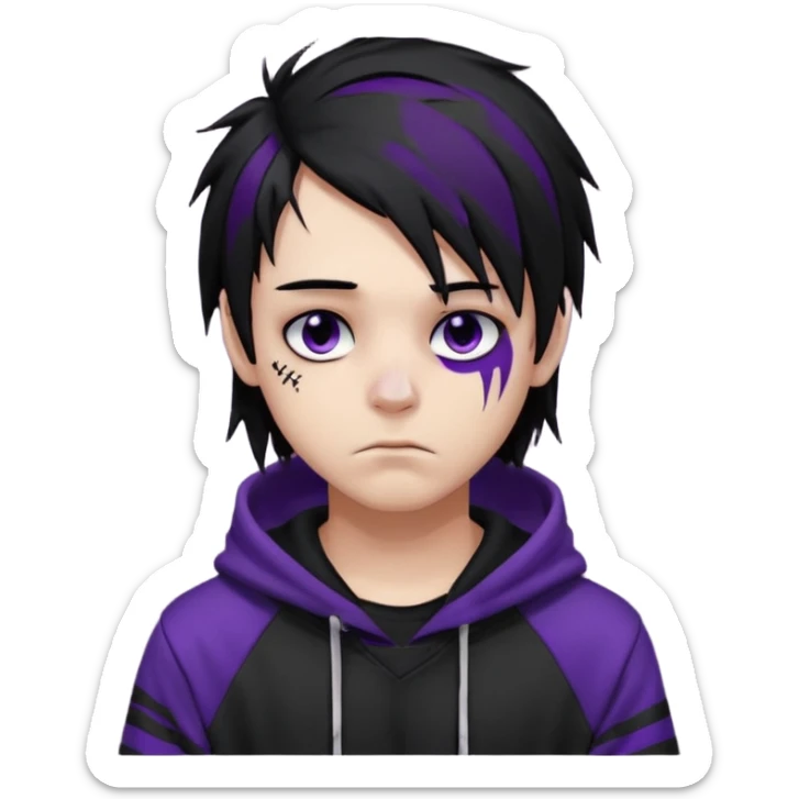 emo teen boy with long one-side messy black hair, dark hoodie with white and purple striped sleeves, piercings on his nose, dark eyeshadow sticker