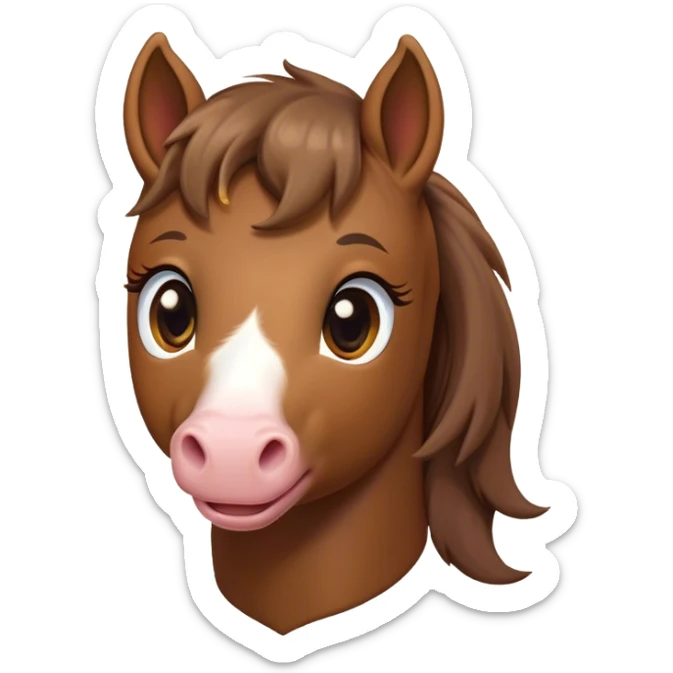Cinematic Cute Brown Welsh Pony Portrait Emoji, Head tilted playfully and inquisitively, featuring a compact, charming form with a glossy, deep brown color, round, sparkling eyes full of gentle mischief, and a sweet, soft muzzle, Simplified yet irresistibly adorable features, highly detailed, glowing with a warm, inviting glow, high shine, affectionate and lively, stylized with a touch of rustic whimsy, soft glowing outline, capturing the essence of a mischievous yet endearing brown Welsh pony that seems as if it could prance out of the screen into your arms! sticker