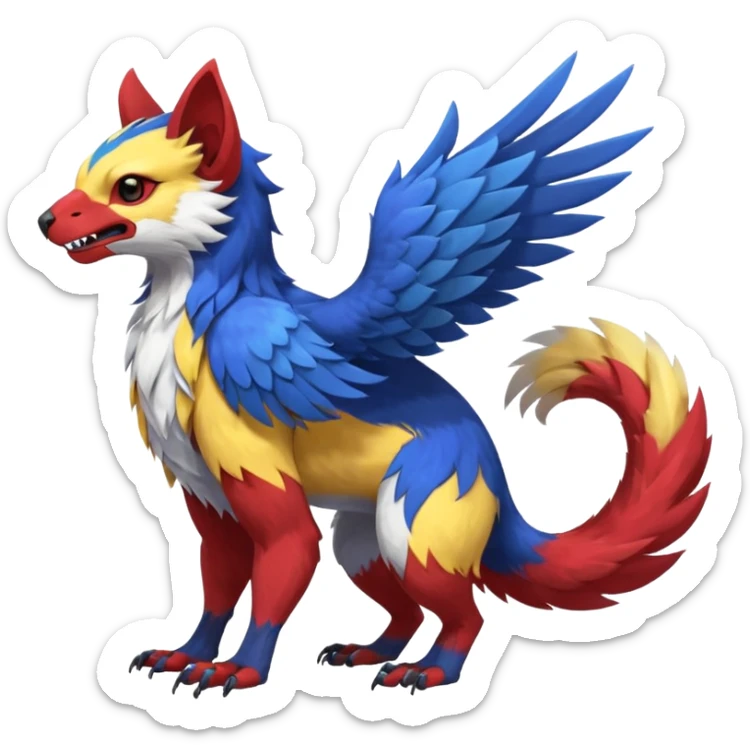 Blue-red-yellow, white-breasted Gryphon-Trico-Sergal-Furret-Ferret-Wolverine-Vernid-fusion-Fakemon-animal-hybrid-creature, full body sticker