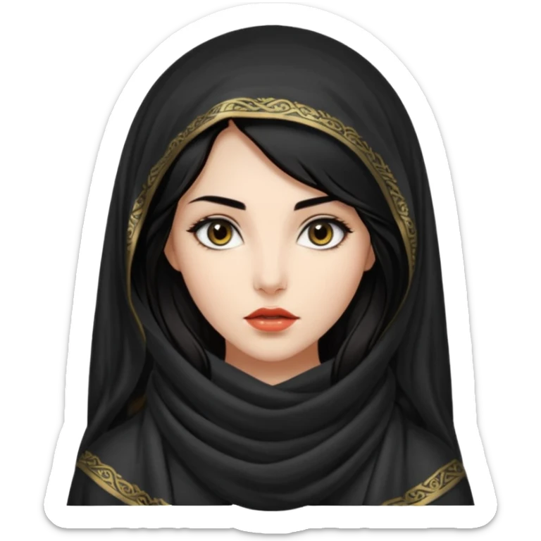 Apariencia: Mujer joven, morena, de gran belleza y porte misterioso.
-Rostro: Ojos grandes y negros, mirada intensa y fija; labios marcados.
-Cabello: Negro, largo y brillante, suele ir cubierto parcialmente por un velo o pañuelo oriental. Cuerpo conpleto sticker