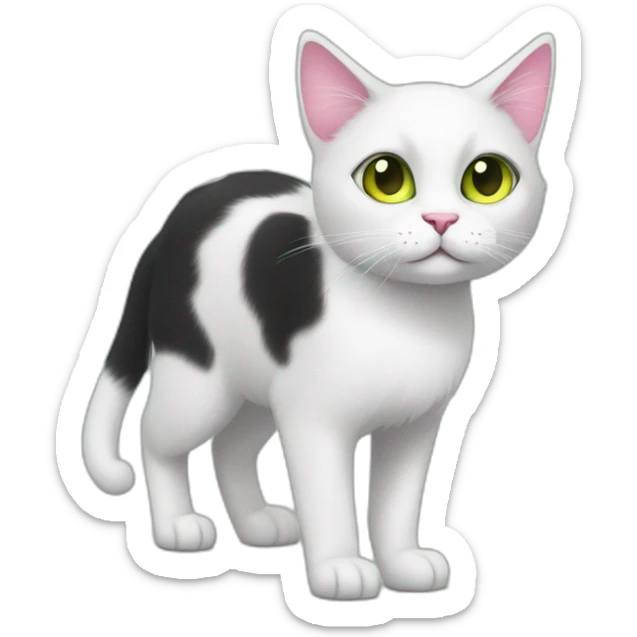 young black and white cat walking side with round green yellow eyes, a pink nose, the white fur on his face only goes under the eyes to the bottom of his face, whispy tips on ears sticker