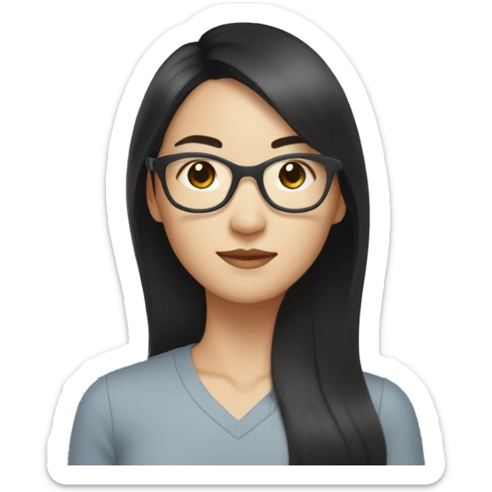 An asian woman with black hair medium long hair wearing clear glasses  sticker